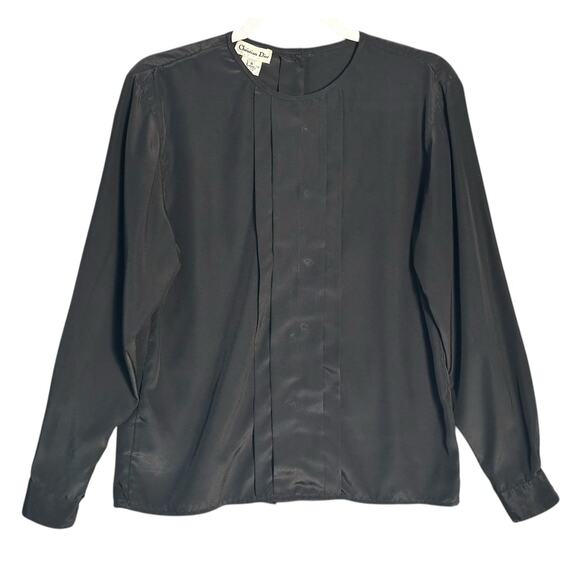 Christian Dior Vintage Sz 4 Satiny Pleated Front Blouse Button Back Quiet Luxury - Picture 1 of 13